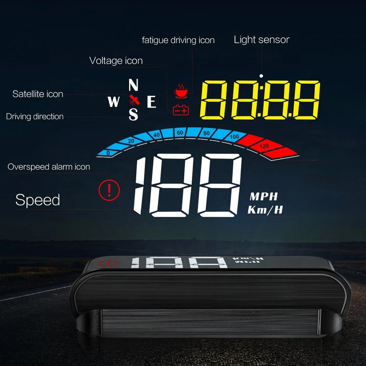 Auto HUD esiklaasinäidik GPS kiiruse ja hoiatusalarmidega LCD