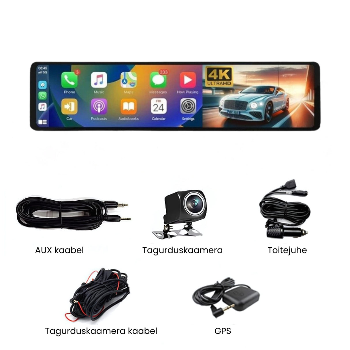 Nutikas CarPlay/ Android Auto tahavaatepeegel 11" esikaamera+tagurduskaamera + GPS